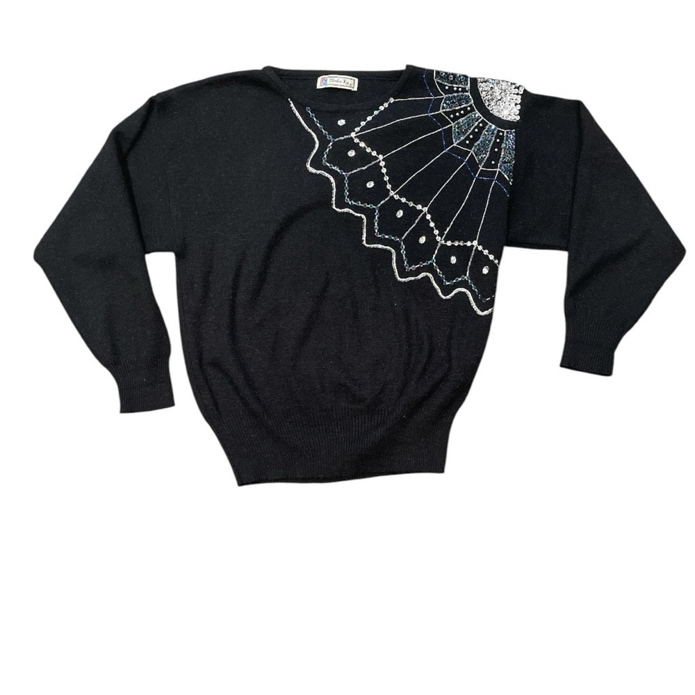 MODES KY XL black batwing crew neck embroidered/embellished spider web sweater
